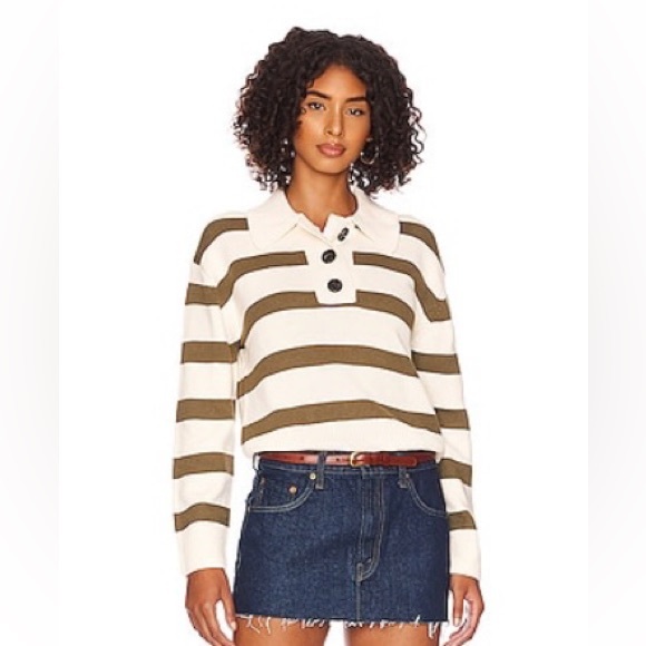Rails Sweaters - Rails Olive and Cream Striped Polo Sweater